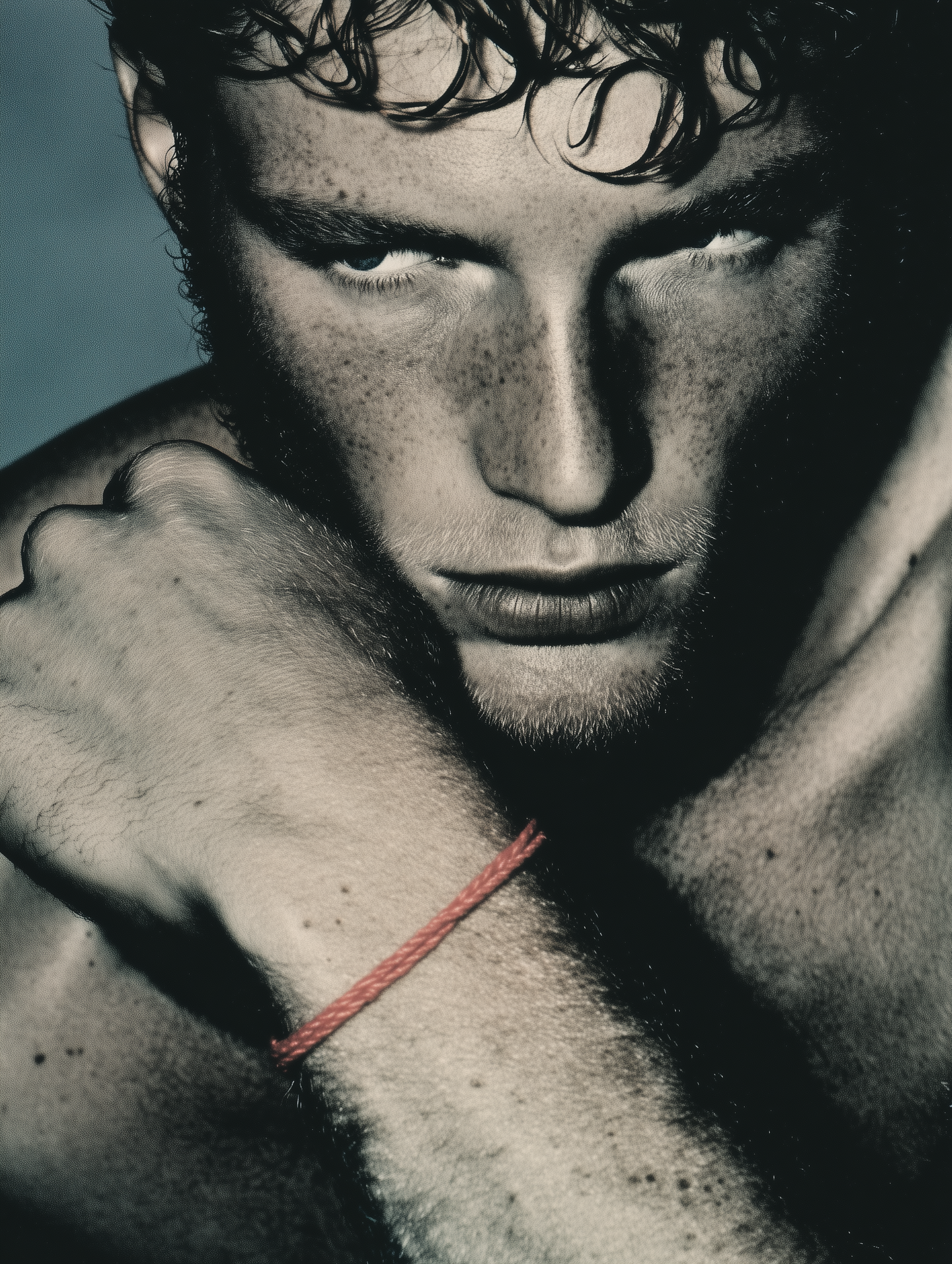 Black and white portrait of a shirtless man with a red string around his neck.